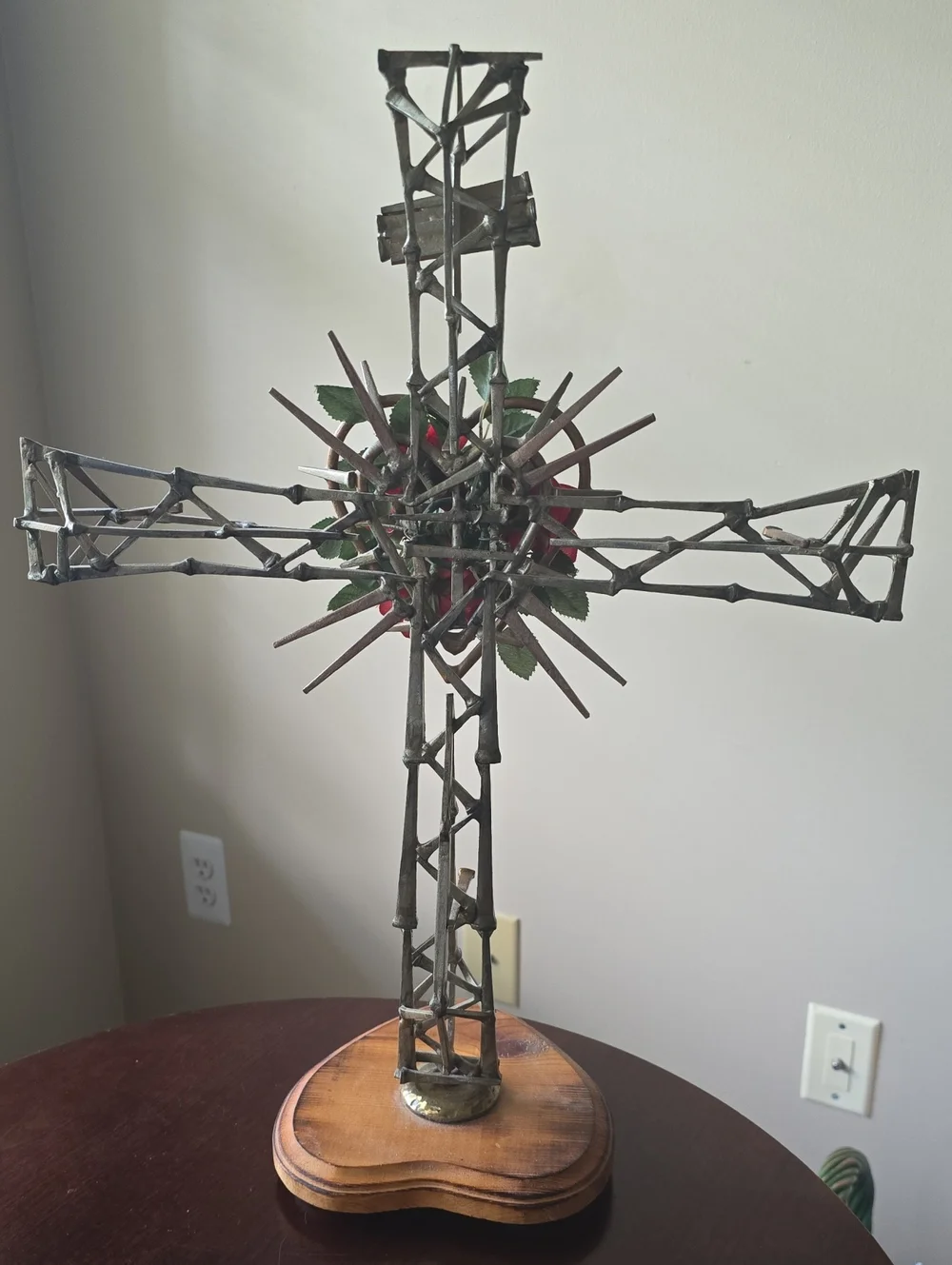 Artisan Brutalist Industrial folk art Nail Cross Rose Accent Wood Base Christian